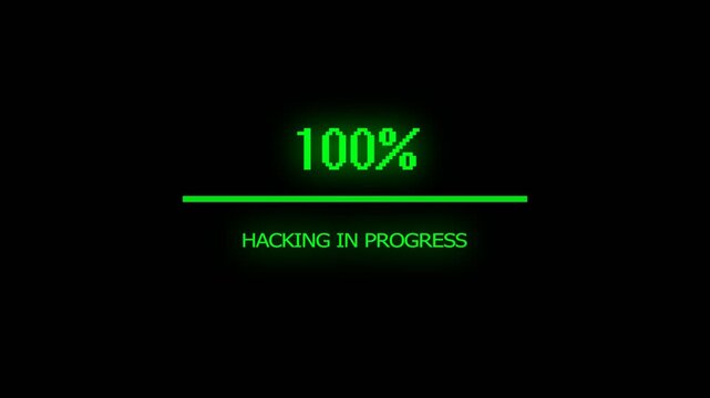 Hacking in progress Green glowing progress bar shows 100% decrypting passwords on a dark background with code loading bar
