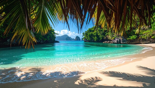 Exotic tropical island cove with turquoise water and lush green foliage framing the scene under a clear blue sky - Powered by Adobe