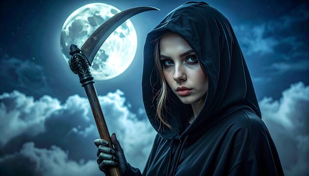 Grim reaper with scythe standing against cloudy dramatic night sky with moon.The dea 