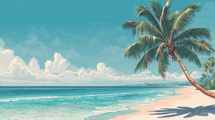 Obraz premium Sunny beach scene with palm trees and gentle ocean waves under a bright blue sky