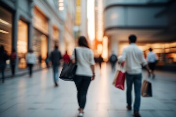 Blurred people walking in modern city, blurred shoppers with shopping bags