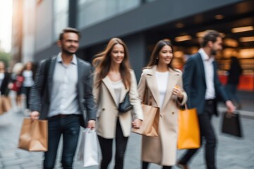Blurred people walking in modern city, blurred shoppers with shopping bags