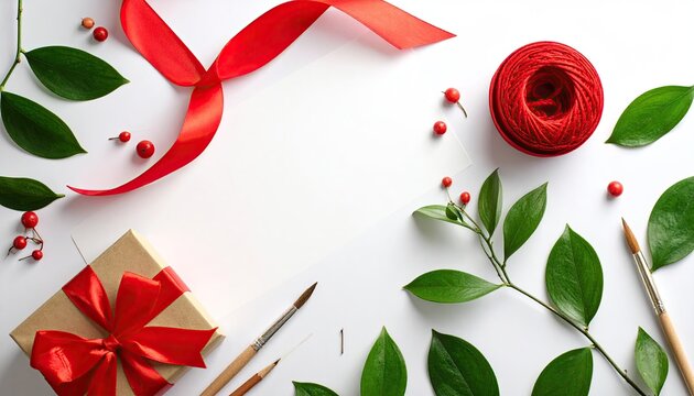 Flat lay composition of a gift box tied with a red ribbon surrounded by festive elements including green leaves red berries and a spool of red twine on a bright white surface with brushes