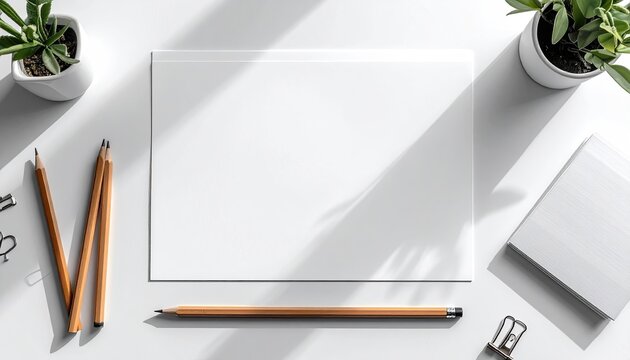 Flat lay of a blank white sheet of paper with pencils and potted plants on a white desk bathed in sunlight casting shadows