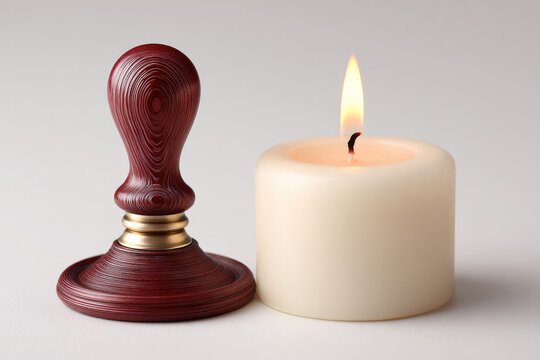 Elegant wax seal stamp with lit candle on white background for invitations and craft projects