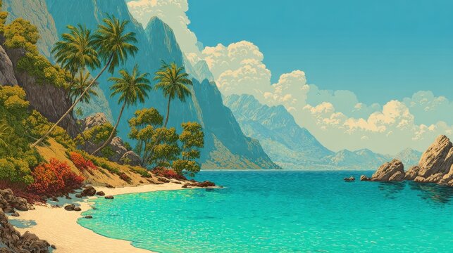 Scenic tropical beach with palm trees, clear turquoise water, and mountains under a blue sky during daytime