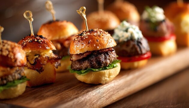 Gourmet mini burgers on wooden board