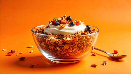 Glass bowl of crunchy granola with creamy yogurt and fresh berries on vibrant orange background with spoon and scattered ingredients