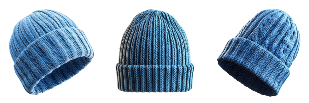 Blue knitted beanie hats multiple views isolated on a transparent background