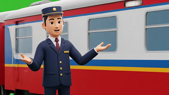 Cartoon train conductor standing in front of red and white train car