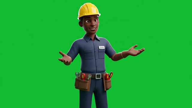 Cartoon builder character with tools and helmet, set against a solid green background