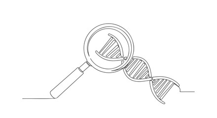 One Continuous Line Art DNA Strand Examined Under Magnifying Glass, Single Stroke
