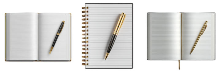 Open notebooks with pens isolated on a transparent background