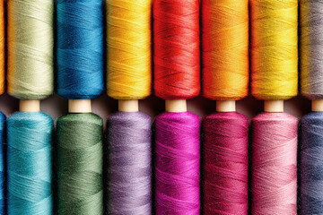 Colorful sewing threads arranged neatly in a row on a light background showcasing vibrant hues