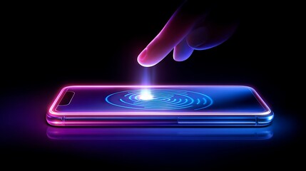 smartphone tap to pay glowing hologram, nfc contactless payment, blue and purple neon light, fintech futuristic background