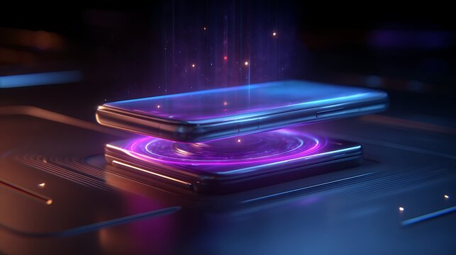 smartphone tap to pay glowing hologram, nfc contactless payment, blue and purple neon light, fintech futuristic background