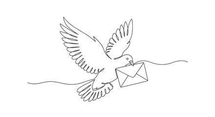 A single continuous one line drawing of a flying pigeon carrying a mail envelope, minimalist art concept