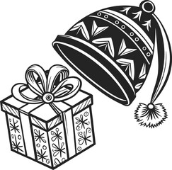 Festive christmas gift box and santa hat silhouette for holiday design isolated on transparent background