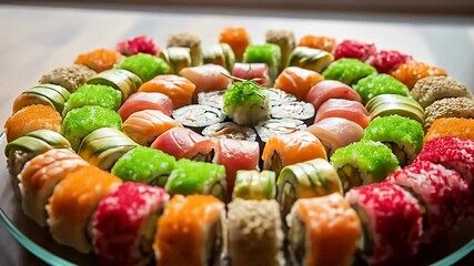 Colorful sushi platter arrangement of various types in a decorative circular pattern