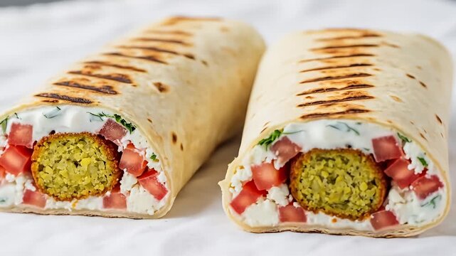 Two falafel wraps cut open showing filling on white cloth background, close-up shot