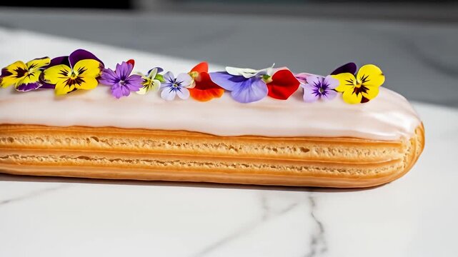 Close up view of a glazed eclair topped with colorful edible flowers on marble