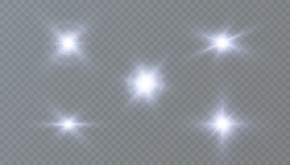 A set of cold glowing flashes and horizontal glare on a transparent background. Bright flashes of light with rays and glare.
