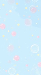 Cute pastel blue kawaii background with tiny stars and floating bubbles, whimsical and cheerful design for children, stationery, greeting cards, digital art, and playful decoration.