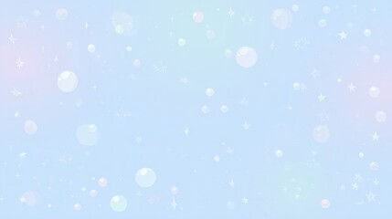 Fototapeta premium Cute pastel blue kawaii background with tiny stars and floating bubbles, whimsical and cheerful design for children, stationery, greeting cards, digital art, and playful decoration.