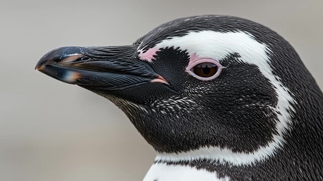 Close up of a penguin's head showing intricate feather patterns in black and white