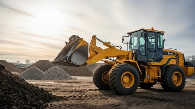 Yellow front loader emptying gravel on a construction site, overcast sky