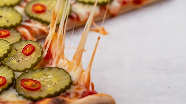 Cheesy pizza slice pull with pickles and sliced chilis in a close-up shot