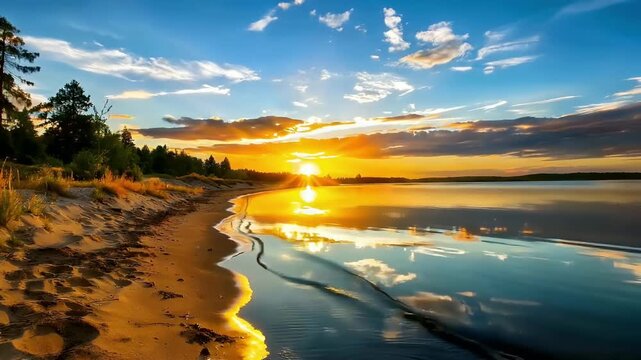 Witness a breathtaking golden hour over a tranquil lake, where the radiant sun casts a spectacular reflection across the calm, pristine water. A gentle wave laps the sandy shore, bordered by a lush fo