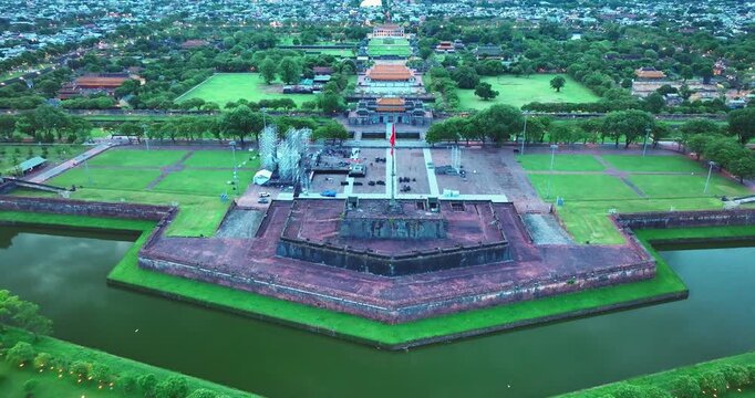 Aerial view of Landscape in the imperial Forbidden Citadel in Hue city, Vietnam. The place that leads to the palaces of kings, feudal officials in the 19th century in Hue, Vietnam