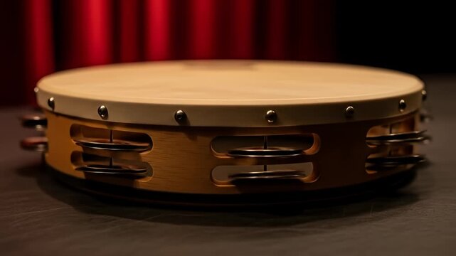 A tambourine sits on a dark surface with a red curtain backdrop, close up