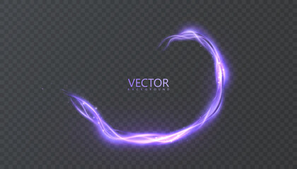 Bright purple light trail with glowing curved stream and sparkling light glare, isolated vector light effect on transparent background.	
