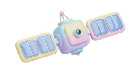 Adorable Pastel- Colored Cartoon Satellite with Solar Panels space technology isolated on a transparent background