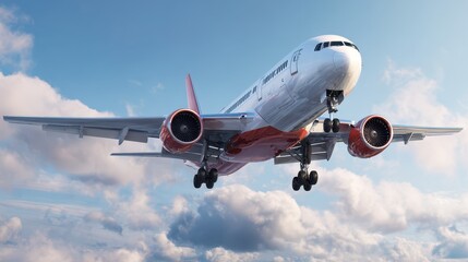 Fototapeta premium Airplane approaches runway during clear day with fluffy clouds in the background