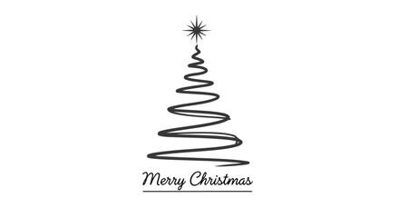 One continuous line illustration of a single Christmas tree with a star, and Merry Christmas text c
