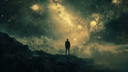 Fototapeta premium A solitary figure stands on a rocky outcrop, gazing at a vast, star-studded sky filled with countless stars and nebulae. 
