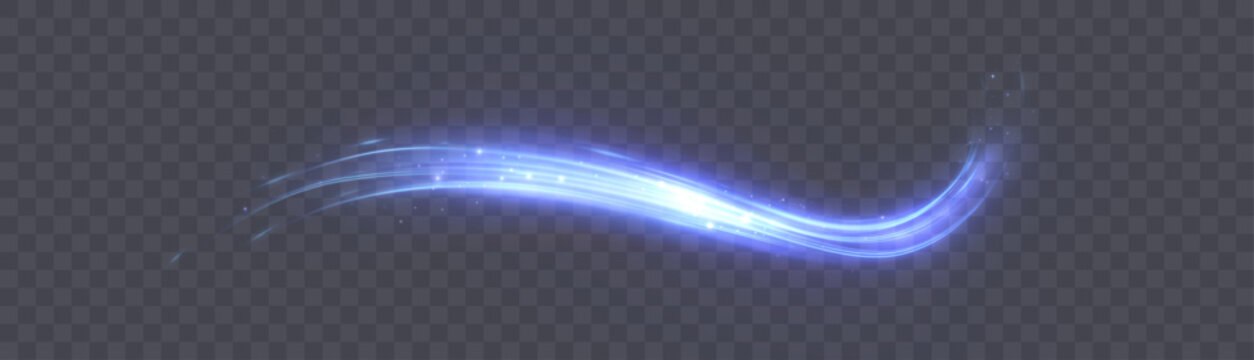 Blue glowing curved light trail with bright glare on a transparent background for magic strikes, game interface, light overlays. Vector