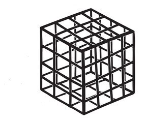 Black outline of a geometric cubic wireframe structure composed of interlocking grid patterns.