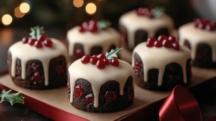 Christmas themed mini cupcakes with white icing decorated with red holly berries and green leaves, packaged in a festive red box with a ribbon, celebrating holiday season treats