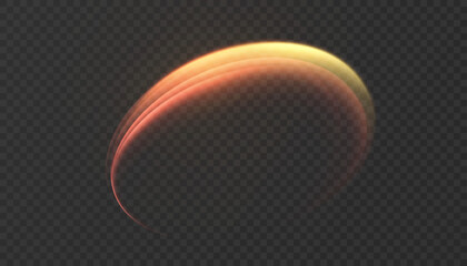 Curved warm light trail with soft orange and yellow glow on transparent background. Vector arc streak for motion design, speed highlights and abstract overlays.