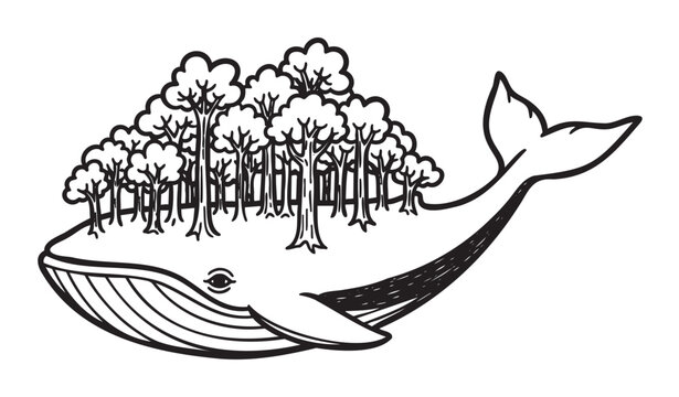 Black outline illustration of a large whale with a forest of trees growing on its back, symbolizing harmony between marine and terrestrial ecosystems.