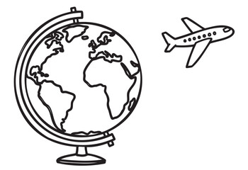Fototapeta premium Black outline illustration of a globe showing continents with an airplane flying beside it, symbolizing international travel and exploration.