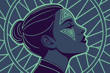 Black vector silhouette illustration of a woman's profile face with hair in a unique art style