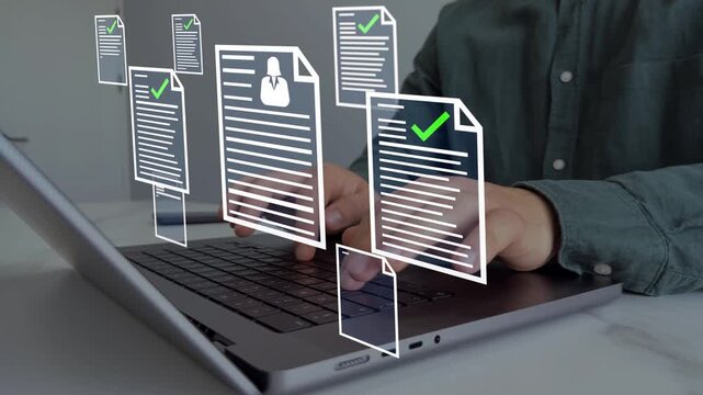 Digital documents with check marks verified staff records and online HR management. Employee approval process management.	