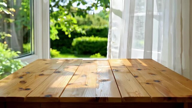 A beautifully illuminated, empty light wooden plank table stands prominently in the foreground, bathed in natural sunlight streaming through a large window. The background reveals a serene outdoor sce