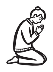 Naklejka premium Black and white line drawing of a female figure kneeling in prayer. the woman has her hands together and eyes closed in a peaceful expression.