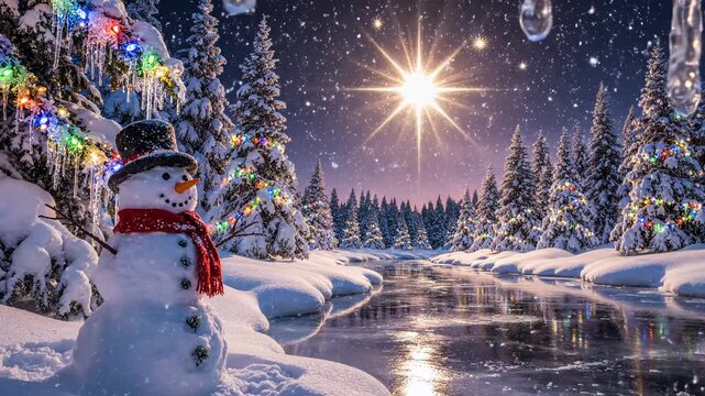 Sc&egrave;ne de No&euml;l paisible avec un bonhomme de neige au bord d'une rivi&egrave;re, l'&eacute;toile de Bethl&eacute;em brillant dans le ciel.


